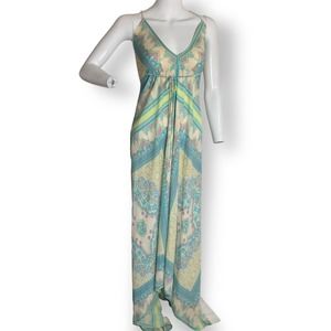 Rubber Ducky Productioms Bohemian Maxi Dress Tie Waist Blue Yellow Size S